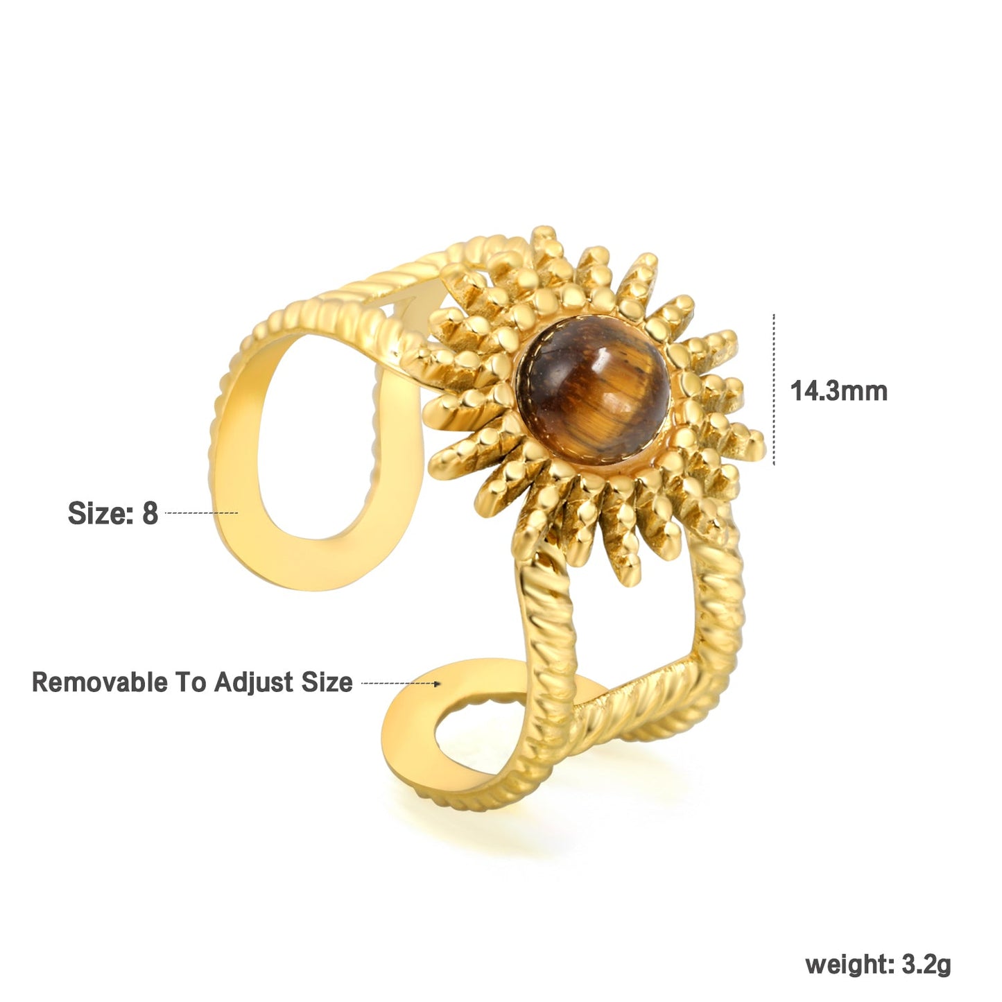 14.3mm sun band pearl/turquoise/tiger's eye Split ring Gold 8 asonjewelry