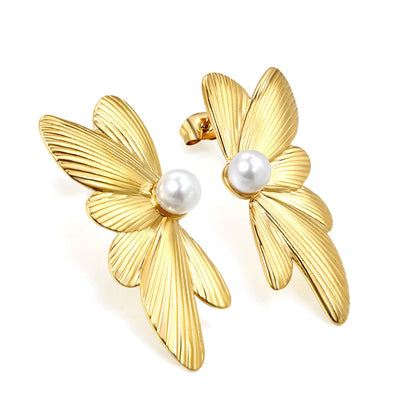 15.7*39.5mm Butterfly Wings with 1 6mm Round White Pearl Stud Earrings asonjewelry
