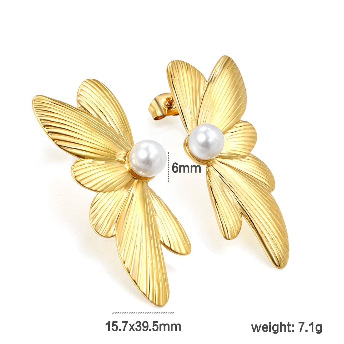 15.7*39.5mm Butterfly Wings with 1 6mm Round White Pearl Stud Earrings asonjewelry