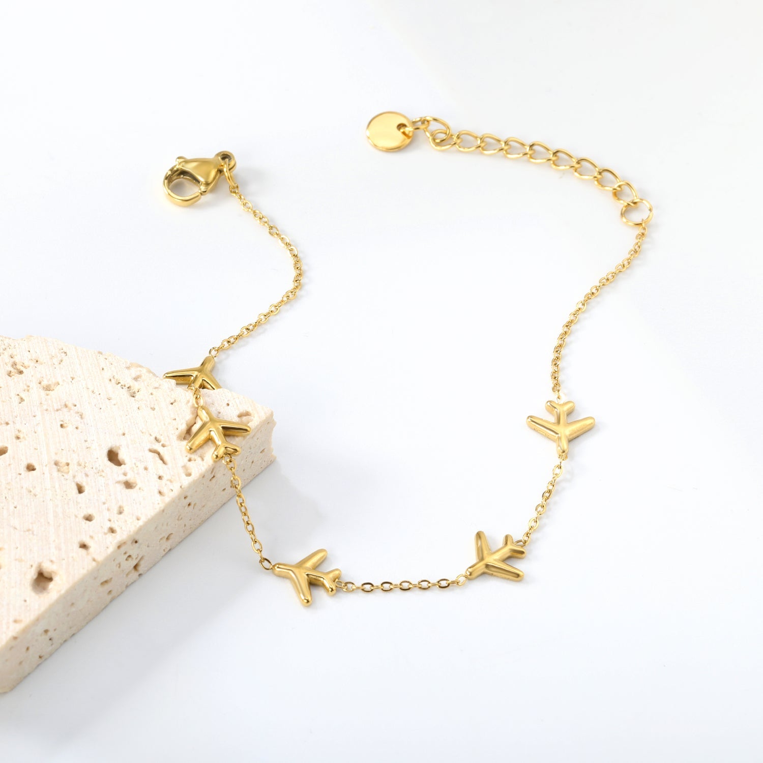 8.2*8mm Airplane Accessories 0.3 Cross Chain*18+3cm+6mm Round Plaque Bracelet Golden asonjewelry