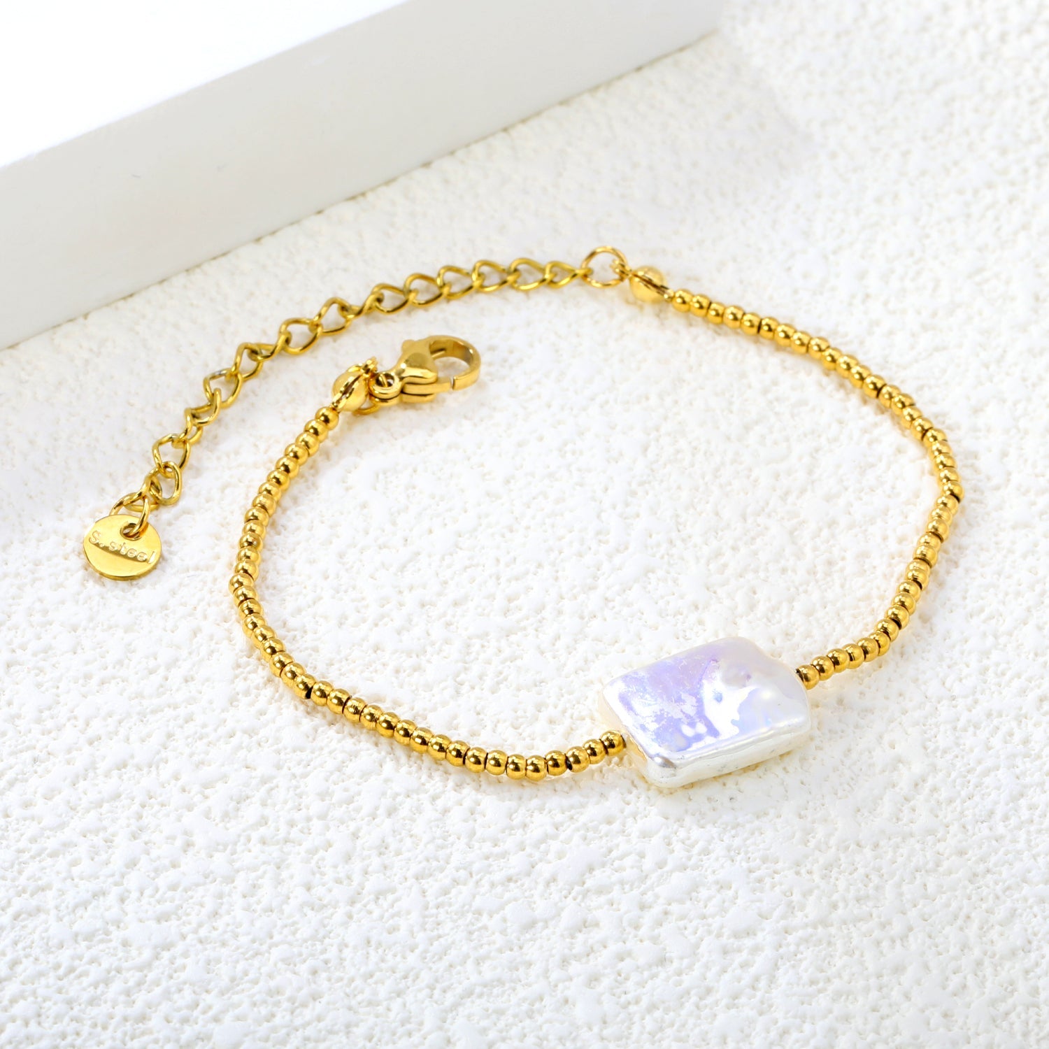 14.8 x 11.1 mm rectangular imitation white pearl, 2 mm steel ball chain 15 x 5 x 6 mm, bracelet, gold. asonjewelry