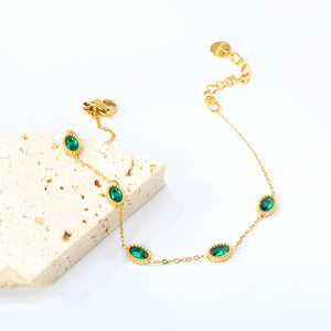 5*7mm Oval Shape Sticky Emerald Zirconium Fittings 0.3 Cross Chain*18+3cm+6mm Round Plaque Bracelet Golden