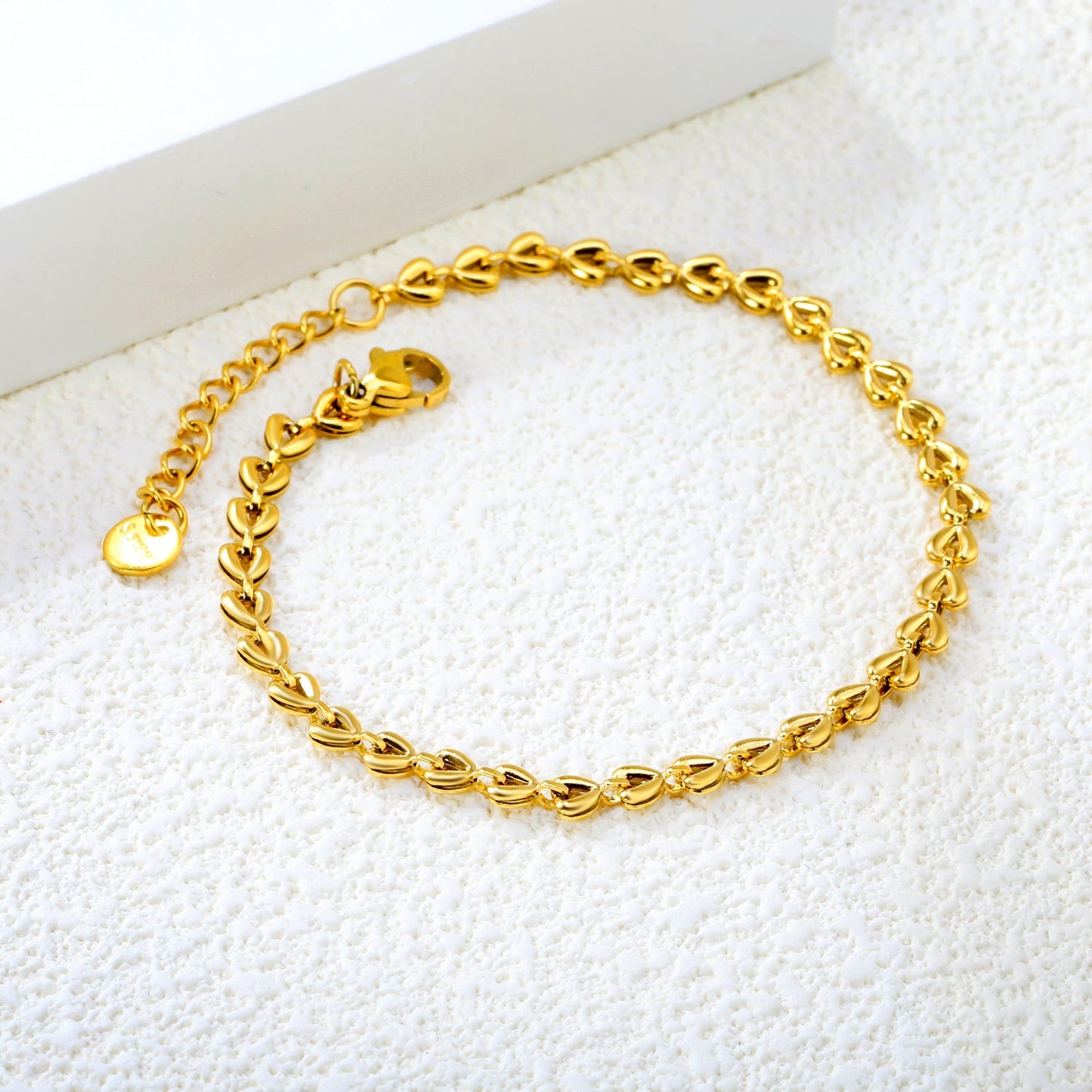 4*3.3mm Small Heart Chain 18+3cm+6mm Round Tail Plaque Bracelet Steel/Golden asonjewelry
