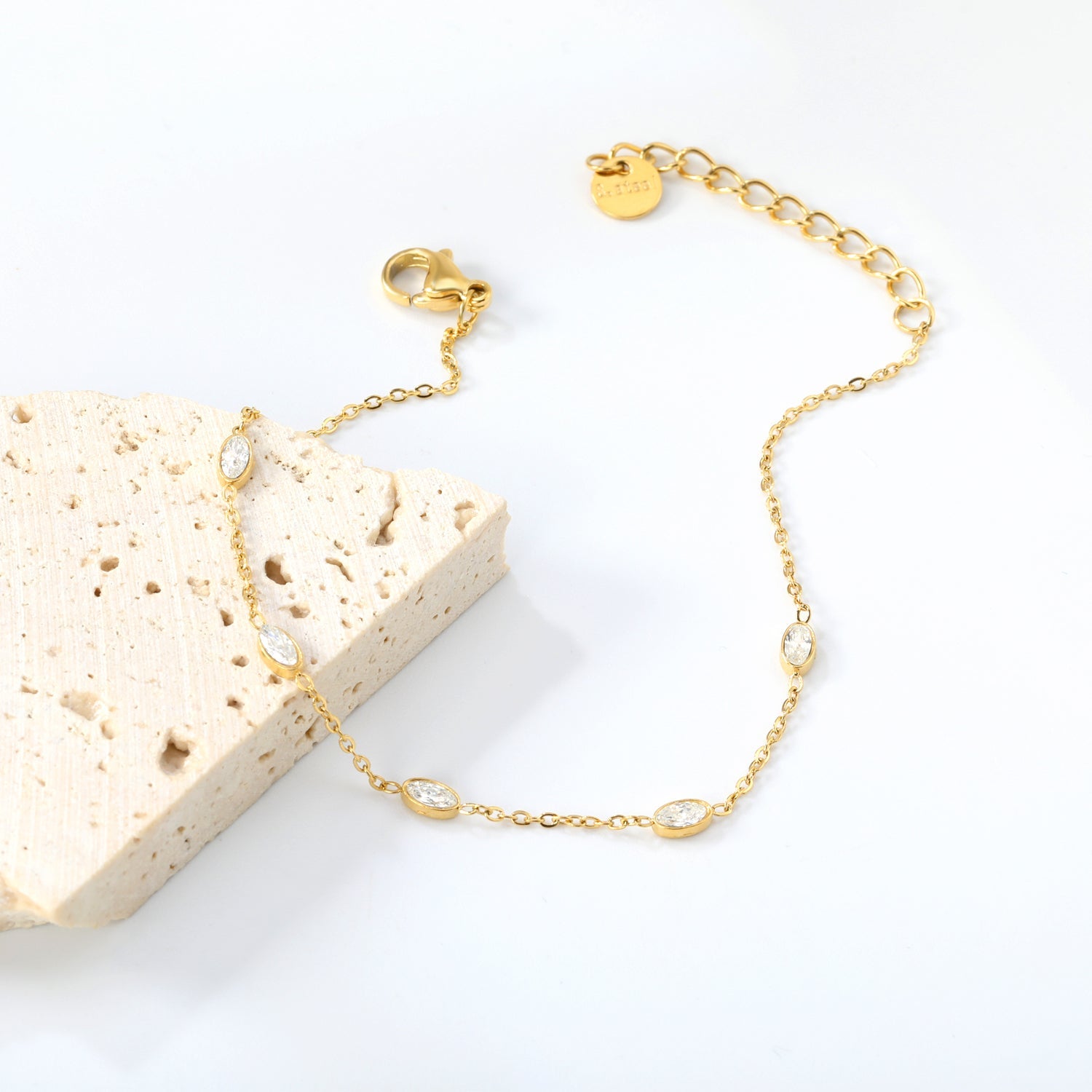 3*4.8mm Oval Sticky White Zirconium Accessories 0.3 Cross Chain*18+3cm+6mm Round Plaque Bracelet Golden asonjewelry