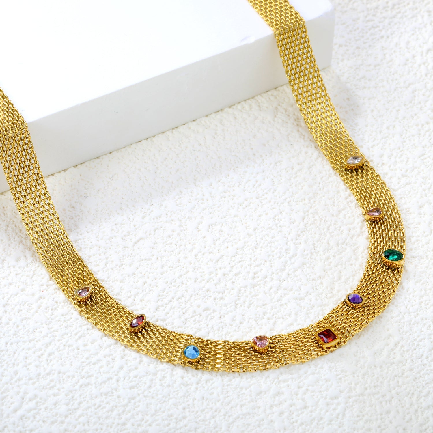 Mesh Chain with Nine Mixed-Color Diamonds (Approx. 4 x 4.1mm) Width 8.1mm x Thickness 1mm + Mesh Chain 40 + 5cm + 6mm Round Pendant Necklace Gold Color asonjewelry