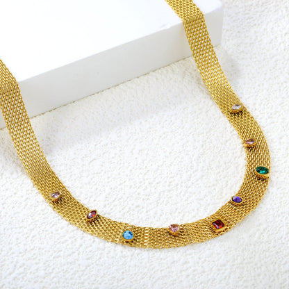 Mesh Chain with Nine Mixed-Color Diamonds (Approx. 4 x 4.1mm) Width 8.1mm x Thickness 1mm + Mesh Chain 40 + 5cm + 6mm Round Pendant Necklace Gold Color asonjewelry
