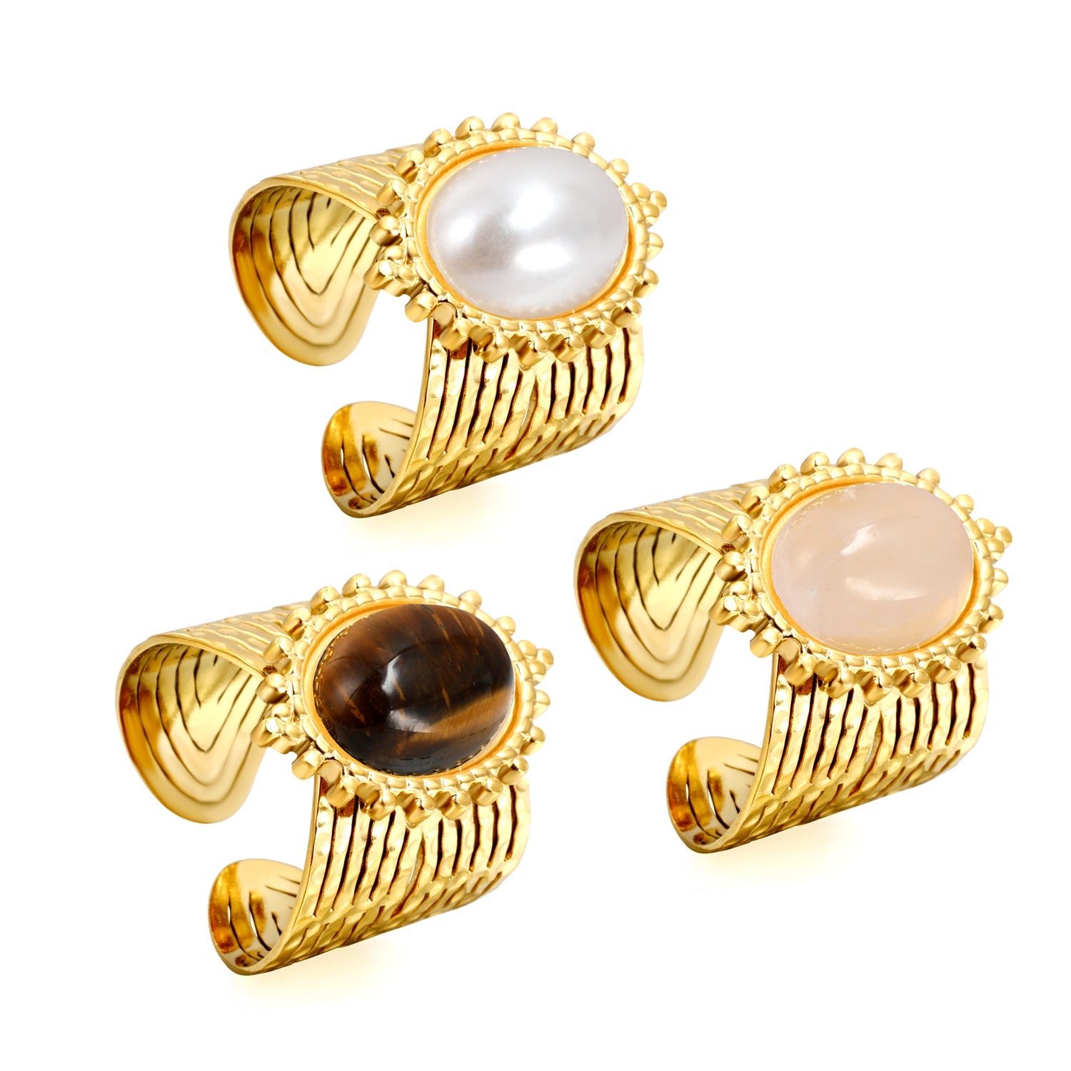 15*21mm Lace Oval with Pearls/Pink Crystals/Tiger's Eye Split Ring Gold 8 asonjewelry