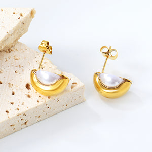 6*14mm semi-curved hoop with 10mm semi-white rubber bead earrings Gold color