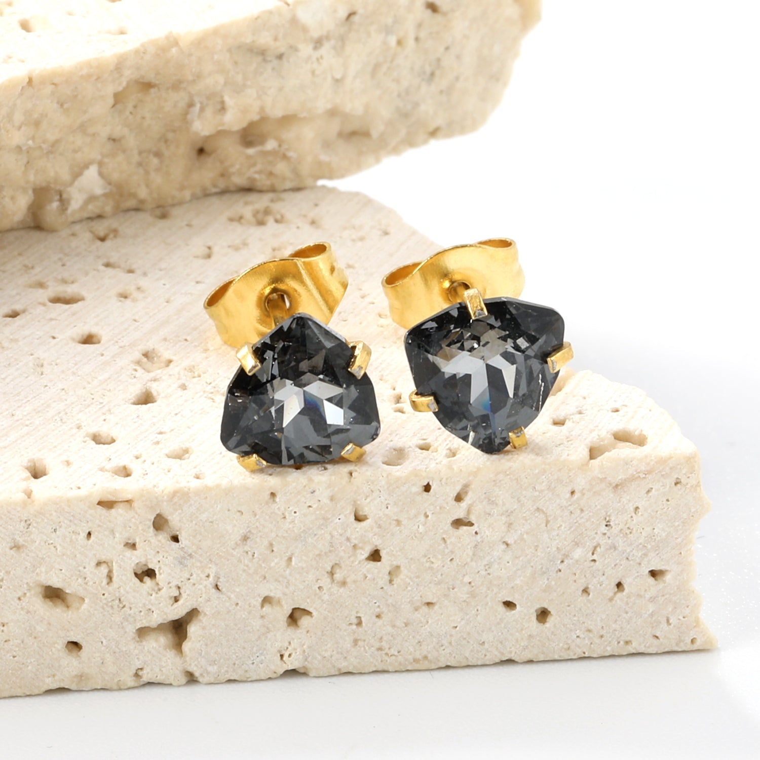 3 pairs of white/mineral black/red/light pink/champagne color 7mm equilateral triangle diamond earrings set Gold color asonjewelry