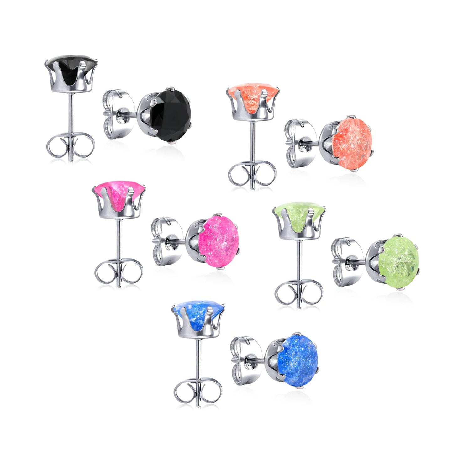 Qty 10pcs 6mm Six Catch Round Mixed Color Diamonds Steel Stud Earrings asonjewelry