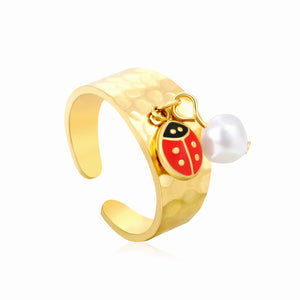 9.4mm high butterfly / freshwater pearl + seven-spotted ladybug open ring in gold #7