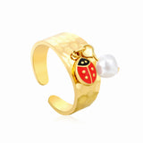 9.4mm high butterfly / freshwater pearl + seven-spotted ladybug open ring in gold #7
