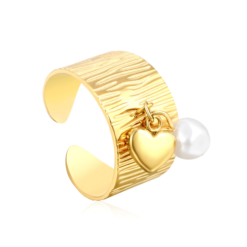 11.75mm high, special-shaped imitation pearl + heart/ butterfly / shell open ring, gold #7