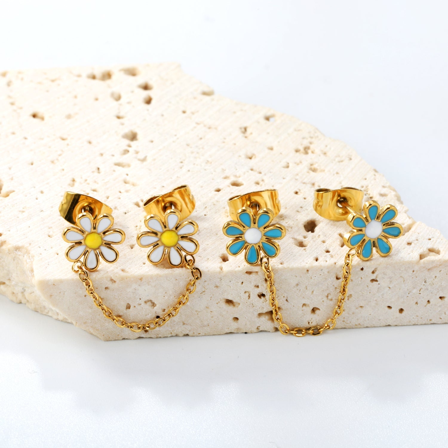¡°8mm six petal flower white/blue oil drops +03 cross chain 30mm accessories earrings gold color¡± asonjewelry