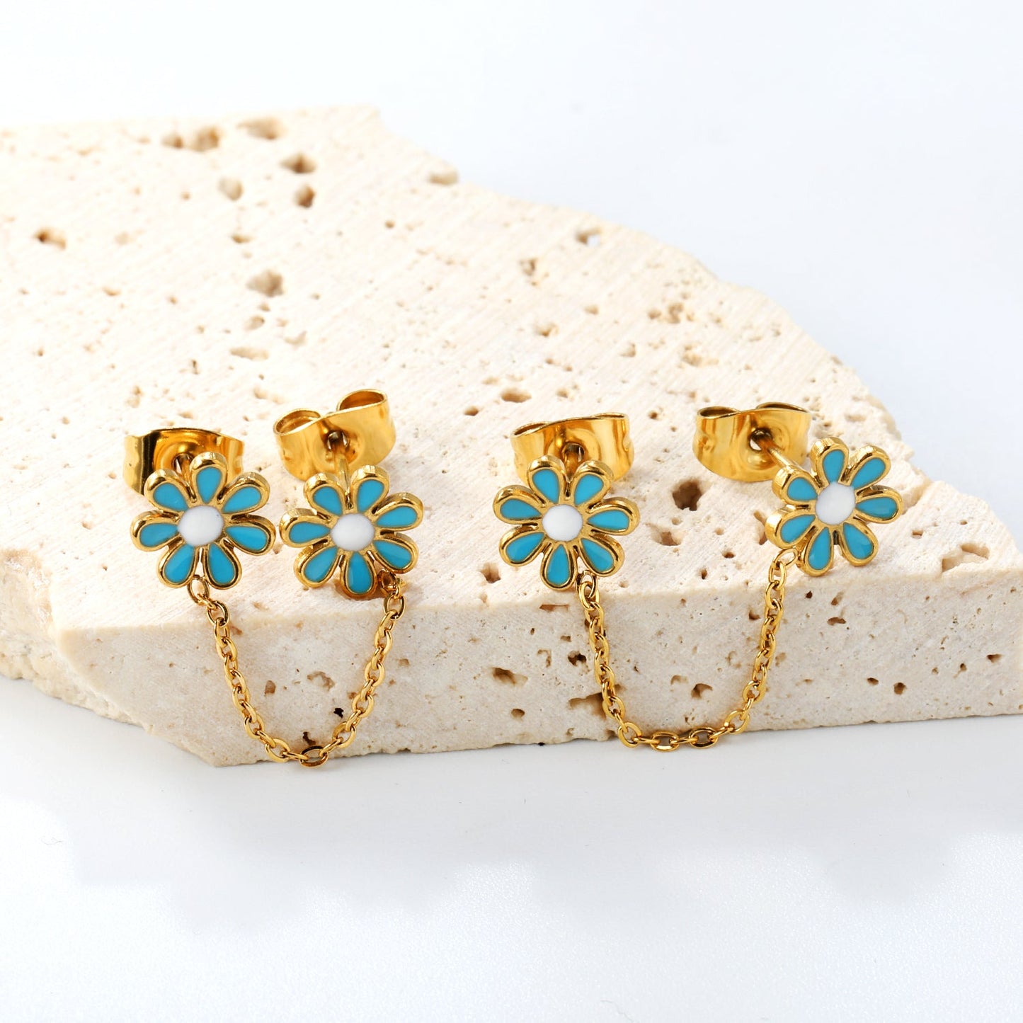 ¡°8mm six petal flower white/blue oil drops +03 cross chain 30mm accessories earrings gold color¡± asonjewelry