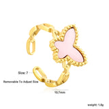 10.7mm high butterfly-shaped agate/crimson acrylic/white shell/black acrylic/pink shell open ring in gold #7