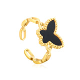 10.7mm high butterfly-shaped agate/crimson acrylic/white shell/black acrylic/pink shell open ring in gold #7