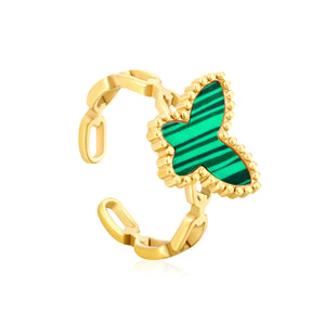 10.7mm high butterfly-shaped agate/crimson acrylic/white shell/black acrylic/pink shell open ring in gold #7