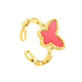 10.7mm high butterfly-shaped agate/crimson acrylic/white shell/black acrylic/pink shell open ring in gold #7