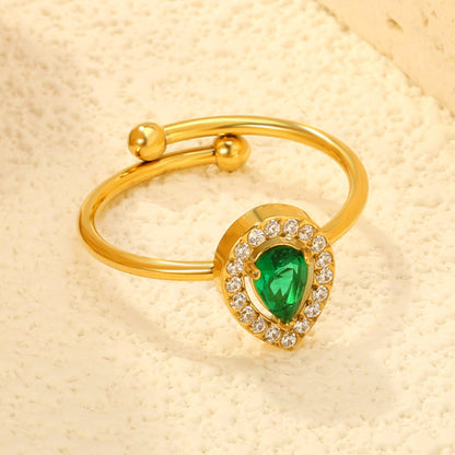 18K Gold - Plated Ring with Emerald - Cut Green Stone and Diamond - Accented Halo asonjewelry