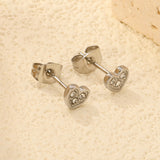 5.8 x 5.3 mm heart-shaped stud earrings with white rhinestones, steel/gold color