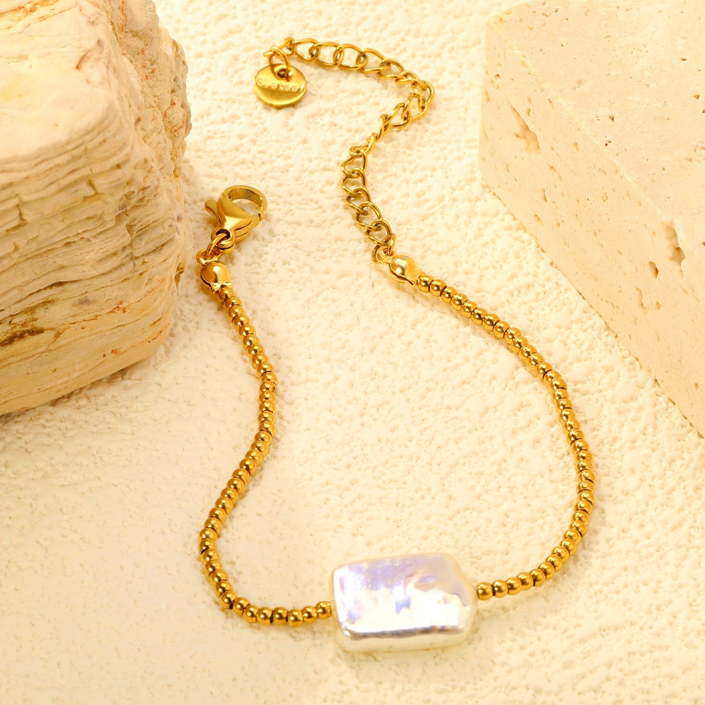 14.8 x 11.1 mm rectangular imitation white pearl, 2 mm steel ball chain 15 x 5 x 6 mm, bracelet, gold. asonjewelry