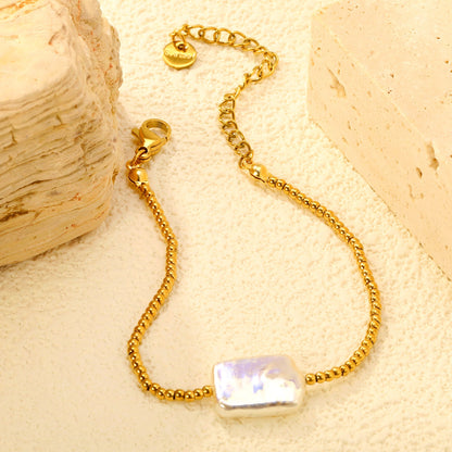 14.8 x 11.1 mm rectangular imitation white pearl, 2 mm steel ball chain 15 x 5 x 6 mm, bracelet, gold. asonjewelry