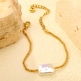 14.8 x 11.1 mm rectangular imitation white pearl, 2 mm steel ball chain 15 x 5 x 6 mm, bracelet, gold.