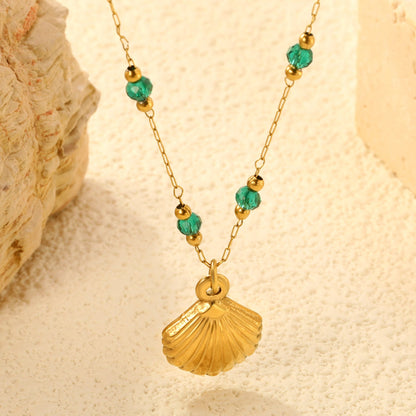 12.7*16.1mm Shell Pendant Green Beads 3.2mm+Golden Beads 2mm+0.3 Elongated Chain 40+5cm+6mm Round Plaque Necklace Gold Color asonjewelry