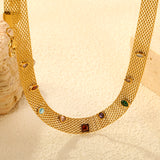 Mesh Chain with Nine Mixed-Color Diamonds (Approx. 4 x 4.1mm) Width 8.1mm x Thickness 1mm + Mesh Chain 40 + 5cm + 6mm Round Pendant Necklace Gold Color