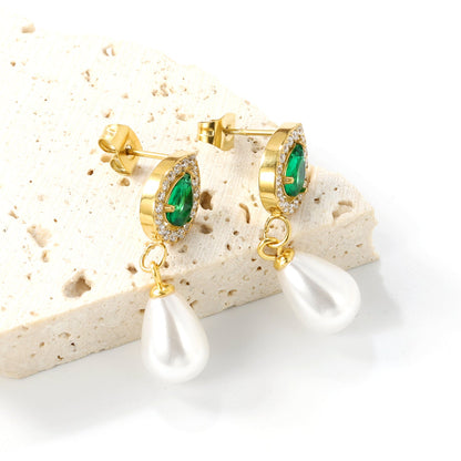 8.6*10.8mm teardrop shaped emerald green glass + CNC set white zirconium ring + 8.5*12mm teardrop shaped white imitation pearl fittings Earrings gold color asonjewelry