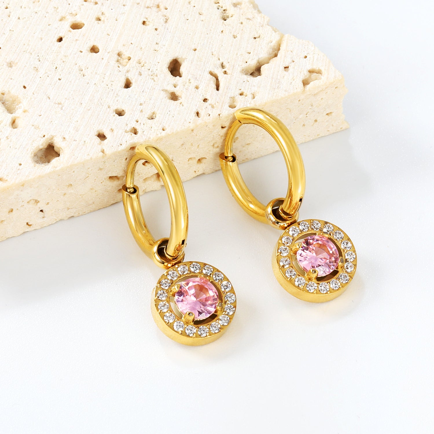 Wire 2*14mm O.D. earrings + 9.7mm round pink zirconia/emerald green glass + CNC drilling white zirconium hoop fittings Gold color asonjewelry