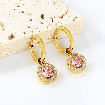 Wire 2*14mm O.D. earrings + 9.7mm round pink zirconia/emerald green glass + CNC drilling white zirconium hoop fittings Gold color asonjewelry