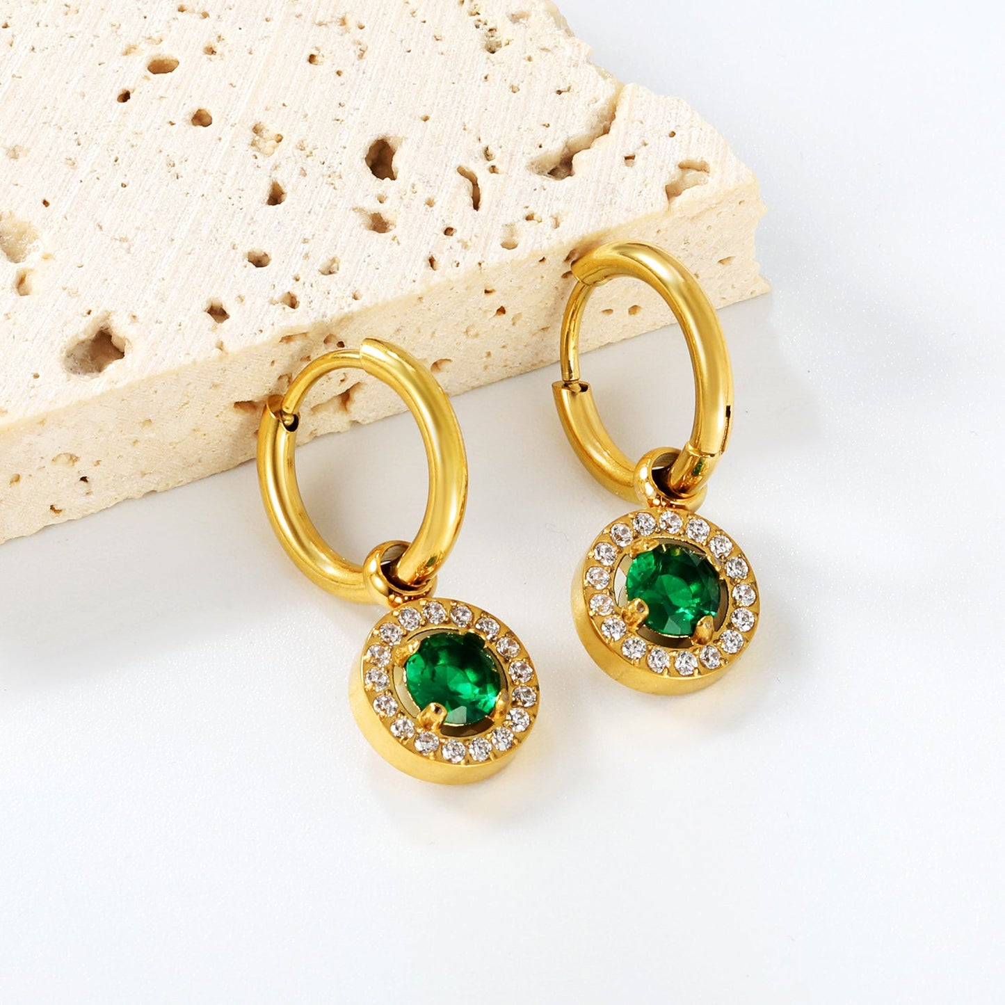 Wire 2*14mm O.D. earrings + 9.7mm round pink zirconia/emerald green glass + CNC drilling white zirconium hoop fittings Gold color asonjewelry