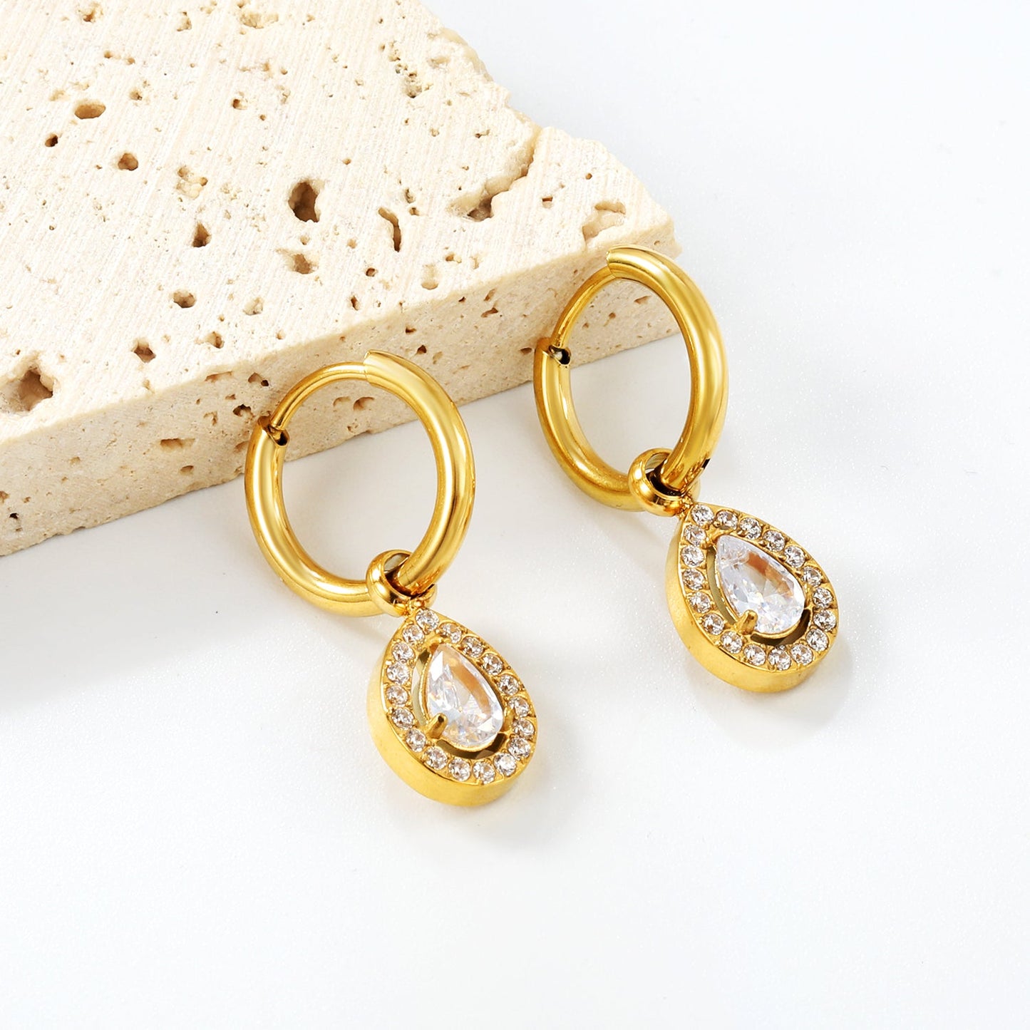 Wire 2*O.D. 14mm earrings + 8.6*10.8mm drop-shaped white zirconia/emerald green glass + CNC drilling white zirconium hoop fittings Gold color asonjewelry