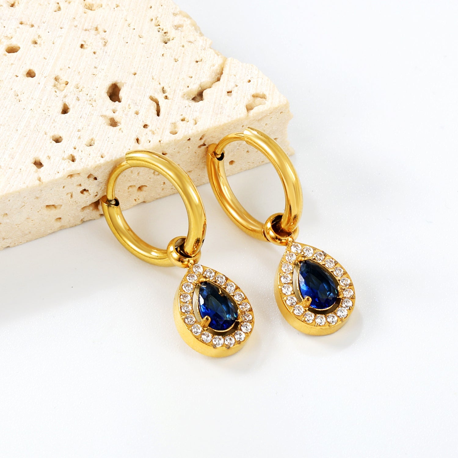 Wire 2*O.D. 14mm earrings + 8.6*10.8mm drop-shaped white zirconia/emerald green glass + CNC drilling white zirconium hoop fittings Gold color asonjewelry