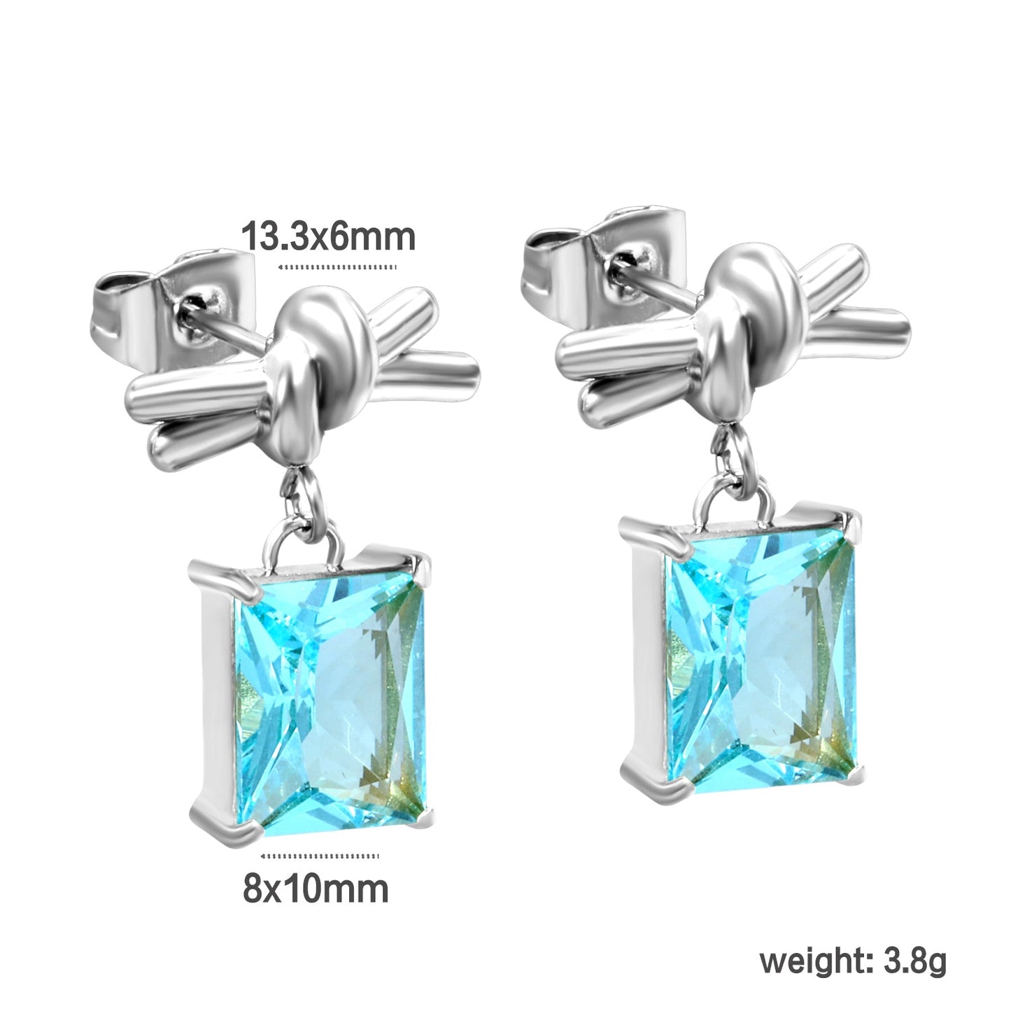 13.3*6mm Rope Ribbon + 8*10mm Rectangle Light Blue Zirconia Earrings Steel/Golden asonjewelry