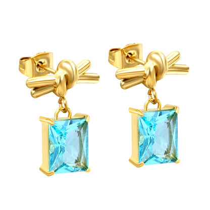 13.3*6mm Rope Ribbon + 8*10mm Rectangle Light Blue Zirconia Earrings Steel/Golden asonjewelry