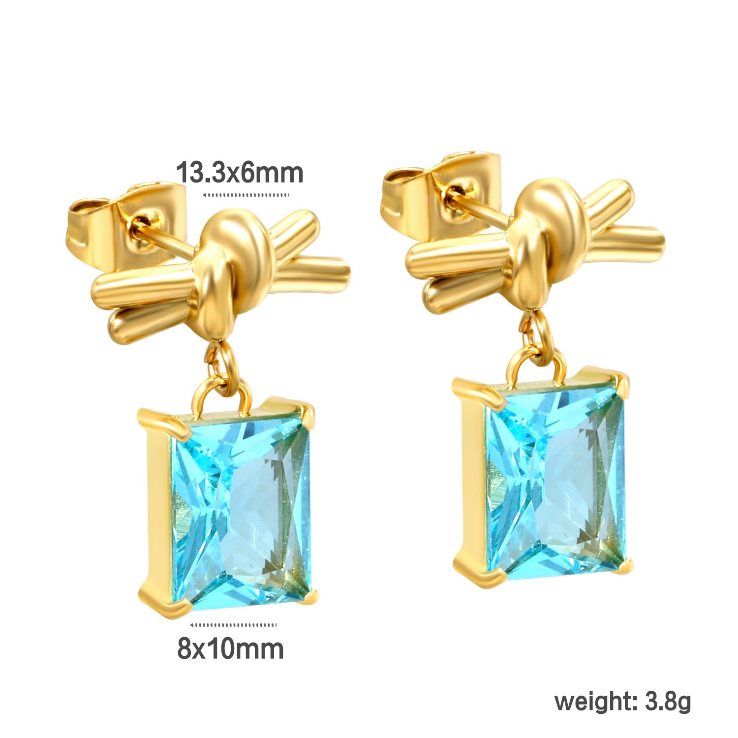 13.3*6mm Rope Ribbon + 8*10mm Rectangle Light Blue Zirconia Earrings Steel/Golden asonjewelry