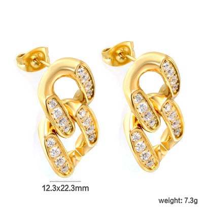 12.3*22.3mm double buckle earrings with CNC white zirconia earrings in steel color/golden asonjewelry