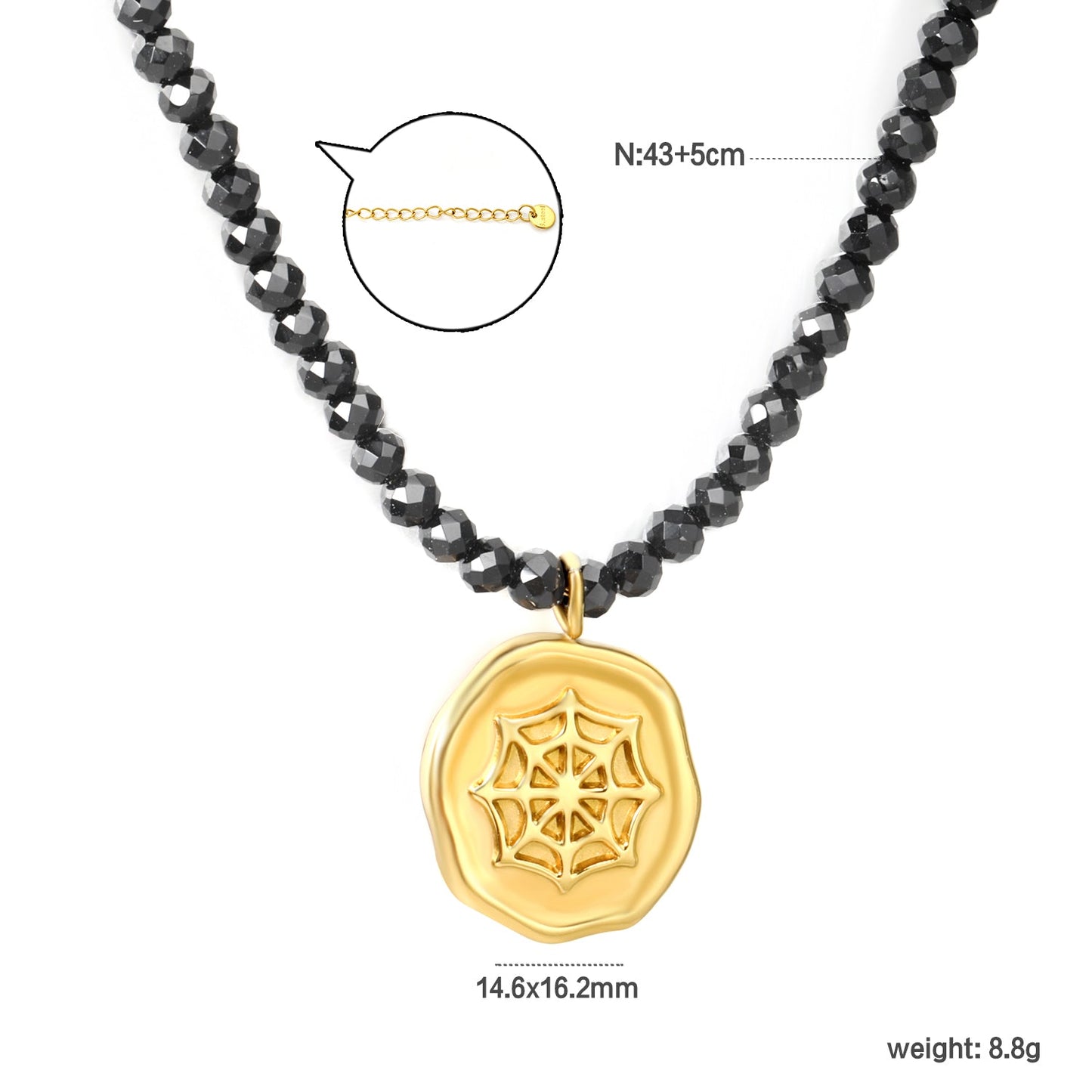 14.6*16.2mm Irregular Oval Halloween Spider Web Pendant 4mm Faceted Bead Chain 43+5cm 6mm Round Tag asonjewelry