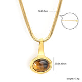 22*34.45mm French oval natural tiger-eye stone pendant, 3mm round snake, 40+5cm+6mm round tail tag, necklace, gold