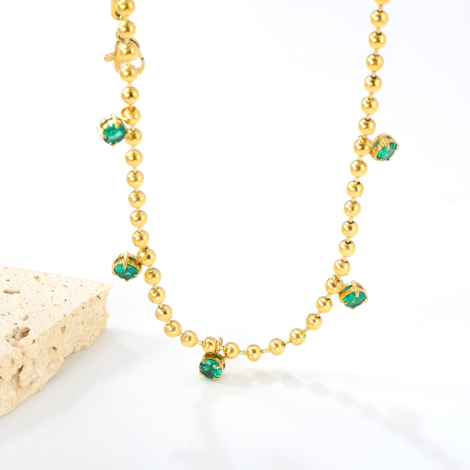 4mm Round Emerald Zirconia Accessories 3mm Bead Chain*40+5cm+6mm Round Plaque Necklace Golden asonjewelry