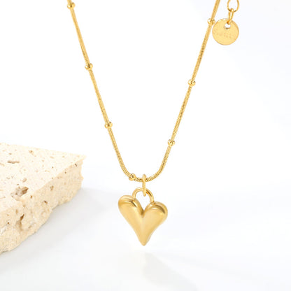 12.2*15mm Pointed Heart Pendant 0.9 Round Snake Bead Chain*40+5cm+6mm Round Plaque Necklace Golden asonjewelry