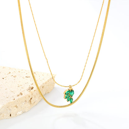 6.4*11mm Leaf with Green Zirconium Pendant 1.2 Round Snake*45cm0.6 Cross Hammered Round Chain*40cm+5cm+6mm Round Plaque Double Chain Necklace Gold asonjewelry