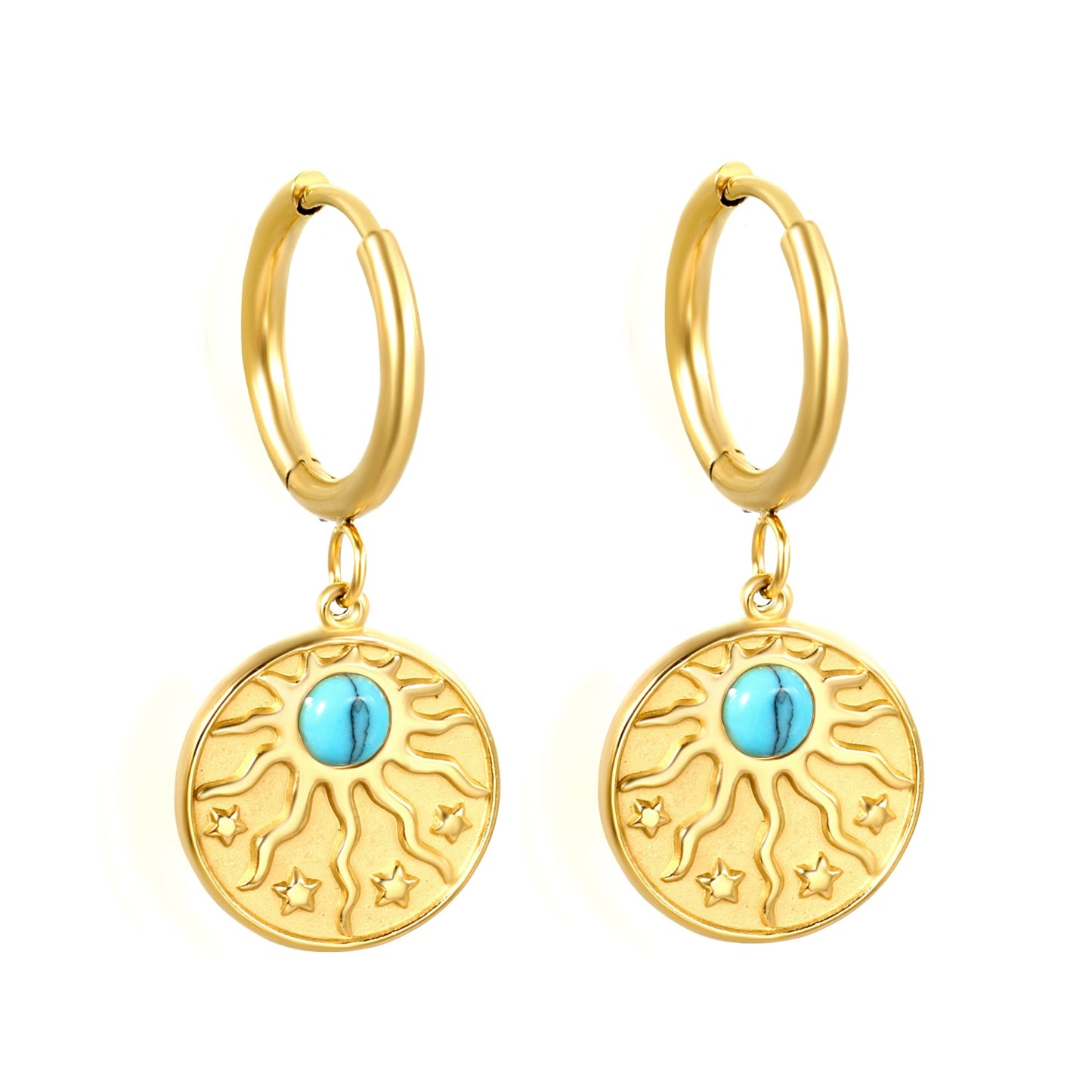 2*12mm I.D. earrings + 15mm round sunburst with white pearl/white cat's eye/turquoise earrings gold color asonjewelry