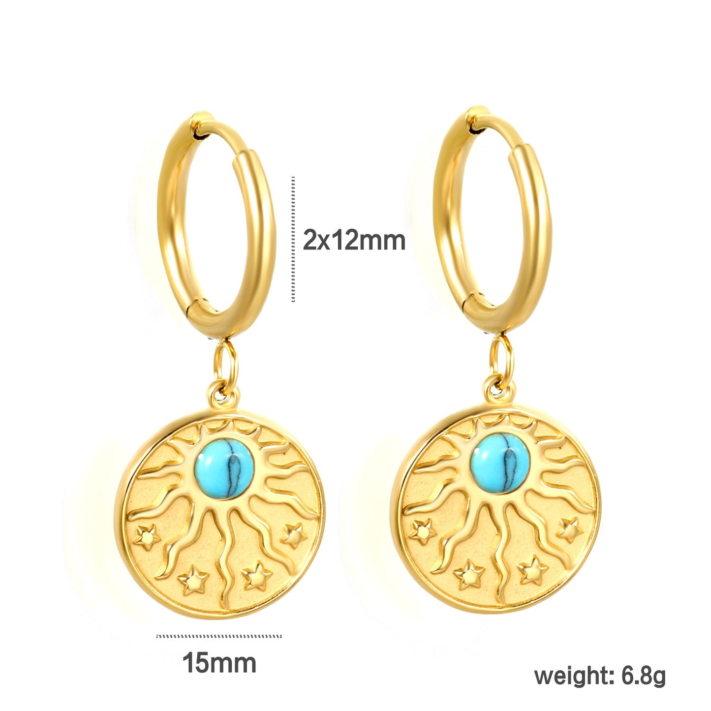 2*12mm I.D. earrings + 15mm round sunburst with white pearl/white cat's eye/turquoise earrings gold color asonjewelry
