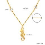 7.6*18mm sea horse pendant with double round diamonds, 0.4 cross chain, 45+5cm+6mm round tail tag, necklace, gold