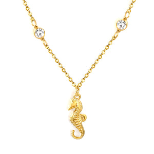7.6*18mm sea horse pendant with double round diamonds, 0.4 cross chain, 45+5cm+6mm round tail tag, necklace, gold