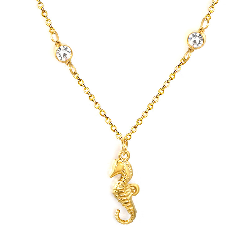 7.6*18mm sea horse pendant with double round diamonds, 0.4 cross chain, 45+5cm+6mm round tail tag, necklace, gold